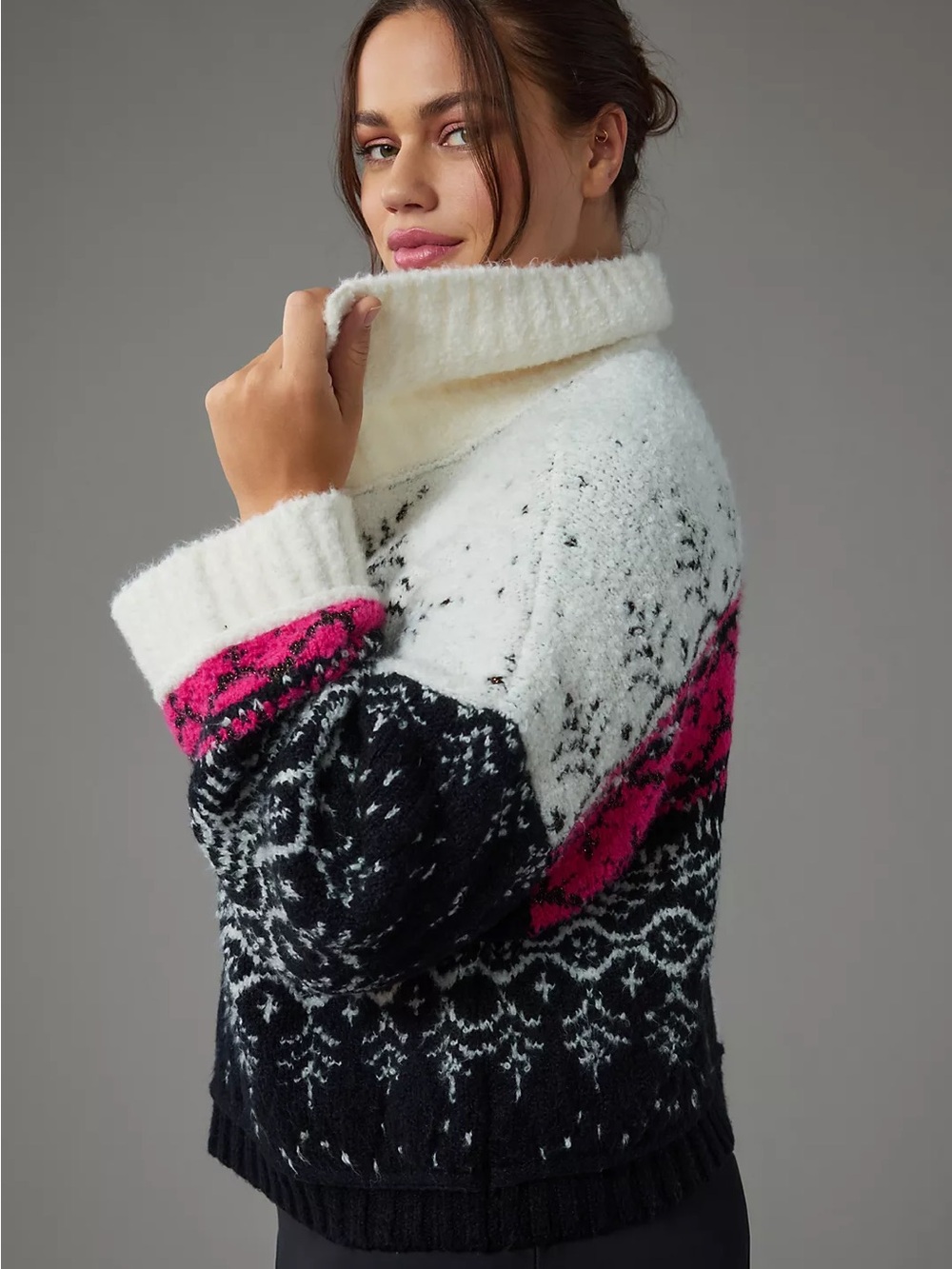 Pilcro V-Neck Fuzzy Printed Popover Sweater Fair Isle Medium - Picture 8 of 12